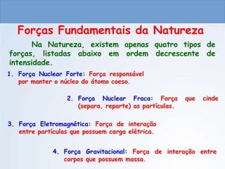 CIÊNCIAS, 9º ANO
As Leis de Newton
Forças Fundamentais da Natureza
Na Natureza, existem apenas quatro tipos de
forças, listadas abaixo em ordem decrescente de
intensidade.
1. Força Nuclear Forte: Força responsável
por manter o núcleo do átomo coeso.
2. Força Nuclear Fraca: Força que cinde
(separa, reparte) as partículas.
3. Força Eletromagnética: Força de interação
entre partículas que possuem carga elétrica.
4. Força Gravitacional: Força de interação entre
corpos que possuem massa.
do Ensino Fundamental
 