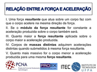 I. Uma força resultante que atua sobre um corpo faz com
que o corpo acelere na mesma direção da força.
II. Se o módulo da força resultante for constante a
aceleração produzida sobre o corpo também será.
III. Quanto maior a força resultante aplicada sobre o
corpo maior a aceleração produzida.
IV. Corpos de massas distintas adquirem acelerações
distintas quando submetidos à mesma força resultante.
V. Quanto mais massivo for o corpo menor a aceleração
produzida para uma mesma força resultante.
 