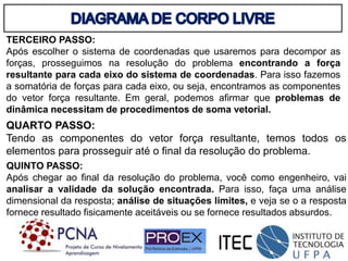 TERCEIRO PASSO:
Após escolher o sistema de coordenadas que usaremos para decompor as
forças, prosseguimos na resolução do problema encontrando a força
resultante para cada eixo do sistema de coordenadas. Para isso fazemos
a somatória de forças para cada eixo, ou seja, encontramos as componentes
do vetor força resultante. Em geral, podemos afirmar que problemas de
dinâmica necessitam de procedimentos de soma vetorial.
QUARTO PASSO:
Tendo as componentes do vetor força resultante, temos todos os
elementos para prosseguir até o final da resolução do problema.
QUINTO PASSO:
Após chegar ao final da resolução do problema, você como engenheiro, vai
analisar a validade da solução encontrada. Para isso, faça uma análise
dimensional da resposta; análise de situações limites, e veja se o a resposta
fornece resultado fisicamente aceitáveis ou se fornece resultados absurdos.
 