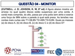 (CUTNELL. J. D; JOHSON, K. W, 6ª ed) A figura abaixo mostra um
arranjo no qual quatro discos estão suspensos por uma corda. A
corda mais comprida, do alto, passa por uma polia sem atrito e exerce
uma força de 98N sobre a parede à qual está presa. As tensões nas
cordas mais curtas são T1=58,8N T2=49N T3=9,8N. Quais as massas
(a) do disco A, (b) do disco B, (c) do disco C e (d) do disco D?
 
