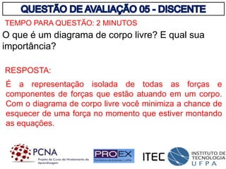 TEMPO PARA QUESTÃO: 2 MINUTOS
O que é um diagrama de corpo livre? E qual sua
importância?
É a representação isolada de todas as forças e
componentes de forças que estão atuando em um corpo.
Com o diagrama de corpo livre você minimiza a chance de
esquecer de uma força no momento que estiver montando
as equações.
RESPOSTA:
 