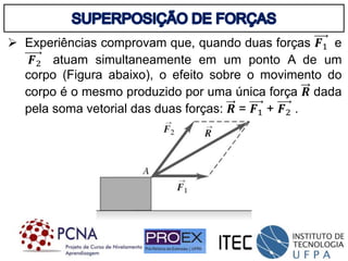  Experiências comprovam que, quando duas forças 𝑭1 e
𝑭2 atuam simultaneamente em um ponto A de um
corpo (Figura abaixo), o efeito sobre o movimento do
corpo é o mesmo produzido por uma única força 𝑹 dada
pela soma vetorial das duas forças: 𝑹 = 𝑭1 + 𝑭2 .
 