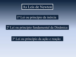 As Leis de Newton
1ª Lei ou princípio da inércia
2ª Lei ou princípio fundamental da Dinâmica

3ª Lei ou princípio da ação e reação

 