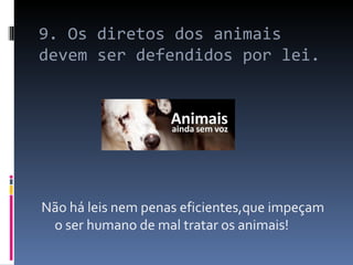 9. Os diretos dos animais devem ser defendidos por lei. Não há leis nem penas eficientes,que impeçam o ser humano de mal tratar os animais! 