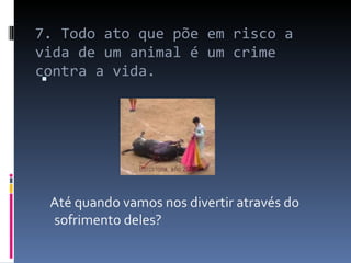 7. Todo ato que põe em risco a vida de um animal é um crime contra a vida. Até quando vamos nos divertir através do sofrimento deles? 