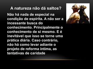 A natureza não dá saltos?
Não há nada de especial na
condição de espírita. A não ser a
incessante busca do
conhecimento. Principalmente o
conhecimento de si mesmo. E é
inevitável que isso se torne uma
prática diária. Caso contrário,
não há como levar adiante o
projeto de reforma íntima, as
tentativas de caridade
 