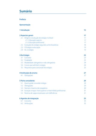 Sumário
Prefácio	
Apresentação	
1 Introdução	

15

2 Aspectos gerais	
2.1 	Origens e evolução do estágio no Brasil	
2.1.1 Educação superior	
2.1.2 Educação profissional	
2.2 	Evolução do estágio segundo as leis brasileiras	
2.3 	O Estágio e educação	
2.4 	IEL e estágio	

17
17
17
17
18
19
19

3 Do Estágio	
3.1 	Conceito 	
3.2 	 Finalidade	
3.3 	 Modalidade: obrigatório e não obrigatório	
3.4 	Cursos que admitem estágio	
3.5	Requisitos para concessão do estágio	

23
23
23
24
24
25

4 Instituição de ensino	
4.1 	Obrigações	

27
27

5 Parte concedente	
5.1 	Quem pode conceder estágio	
5.2 	Obrigações	
5.3 	 Número máximo de estagiários	
5.4 	Exceção à regra: nível superior e nível médio profissional	
5.5 	Reserva de vagas às pessoas com deficiência 	

29
29
29
30
31
31

6 Agentes de integração	
6.1 	Conceito	
6.2 	Atribuições	

33
33
33

 