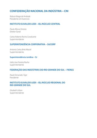 CONFEDERAÇÃO NACIONAL DA INDÚSTRIA – CNI
Robson Braga de Andrade
Presidente em Exercício

INSTITUTO EUVALDO LODI – IEL/NÚCLEO CENTRAL
Paulo Afonso Ferreira
Diretor-Geral
Carlos Roberto Rocha Cavalcante
Superintendente

SUPERINTENDÊNCIA CORPORATIVA – SUCORP
Antonio Carlos Brito Maciel
Superintendente
Superintendência Jurídica – SJ
Helio Jose Ferreira Rocha
Superintendente

FEDERAÇÃO DAS INDÚSTRIAS DO RIO GRANDE DO SUL – FIERGS
Paulo Fernandes Tigre
Presidente

INSTITUTO EUVALDO LODI – IEL/NÚCLEO REGIONAL DO
RIO GRANDE DO SUL
Elisabeth Urban
Superintendente

 