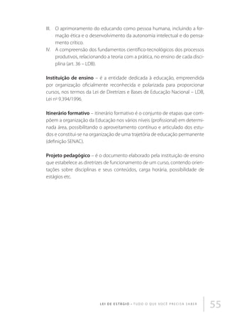 III.	O aprimoramento do educando como pessoa humana, incluindo a formação ética e o desenvolvimento da autonomia intelectual e do pensamento crítico.
IV.	A compreensão dos fundamentos científico-tecnológicos dos processos
produtivos, relacionando a teoria com a prática, no ensino de cada disciplina (art. 36 – LDB).
Instituição de ensino – é a entidade dedicada à educação, empreendida
por organização oficialmente reconhecida e polarizada para proporcionar
cursos, nos termos da Lei de Diretrizes e Bases de Educação Nacional – LDB,
Lei no 9.394/1996.
Itinerário formativo – itinerário formativo é o conjunto de etapas que compõem a organização da Educação nos vários níveis (profissional) em determinada área, possibilitando o aproveitamento contínuo e articulado dos estudos e constitui-se na organização de uma trajetória de educação permanente
(definição SENAC).
Projeto pedagógico – é o documento elaborado pela instituição de ensino
que estabelece as diretrizes de funcionamento de um curso, contendo orientações sobre disciplinas e seus conteúdos, carga horária, possibilidade de
estágios etc.

L E I D E E S TÁ G I O • T u d o o q u e v o c ê p r e c i s a s a b e r

55

 