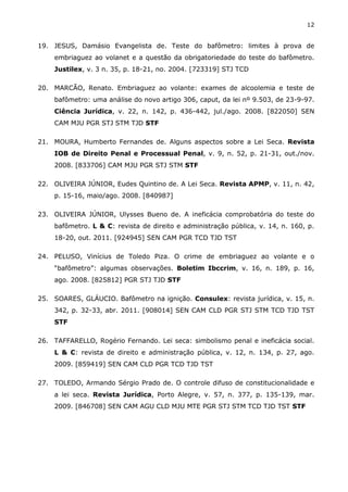 12
19. JESUS, Damásio Evangelista de. Teste do bafômetro: limites à prova de
embriaguez ao volanet e a questão da obrigatoriedade do teste do bafômetro.
Justilex, v. 3 n. 35, p. 18-21, no. 2004. [723319] STJ TCD
20. MARCÃO, Renato. Embriaguez ao volante: exames de alcoolemia e teste de
bafômetro: uma análise do novo artigo 306, caput, da lei nº 9.503, de 23-9-97.
Ciência Jurídica, v. 22, n. 142, p. 436-442, jul./ago. 2008. [822050] SEN
CAM MJU PGR STJ STM TJD STF
21. MOURA, Humberto Fernandes de. Alguns aspectos sobre a Lei Seca. Revista
IOB de Direito Penal e Processual Penal, v. 9, n. 52, p. 21-31, out./nov.
2008. [833706] CAM MJU PGR STJ STM STF
22. OLIVEIRA JÚNIOR, Eudes Quintino de. A Lei Seca. Revista APMP, v. 11, n. 42,
p. 15-16, maio/ago. 2008. [840987]
23. OLIVEIRA JÚNIOR, Ulysses Bueno de. A ineficácia comprobatória do teste do
bafômetro. L & C: revista de direito e administração pública, v. 14, n. 160, p.
18-20, out. 2011. [924945] SEN CAM PGR TCD TJD TST
24. PELUSO, Vinícius de Toledo Piza. O crime de embriaguez ao volante e o
“bafômetro”: algumas observações. Boletim Ibccrim, v. 16, n. 189, p. 16,
ago. 2008. [825812] PGR STJ TJD STF
25. SOARES, GLÁUCIO. Bafômetro na ignição. Consulex: revista jurídica, v. 15, n.
342, p. 32-33, abr. 2011. [908014] SEN CAM CLD PGR STJ STM TCD TJD TST
STF
26. TAFFARELLO, Rogério Fernando. Lei seca: simbolismo penal e ineficácia social.
L & C: revista de direito e administração pública, v. 12, n. 134, p. 27, ago.
2009. [859419] SEN CAM CLD PGR TCD TJD TST
27. TOLEDO, Armando Sérgio Prado de. O controle difuso de constitucionalidade e
a lei seca. Revista Jurídica, Porto Alegre, v. 57, n. 377, p. 135-139, mar.
2009. [846708] SEN CAM AGU CLD MJU MTE PGR STJ STM TCD TJD TST STF
 