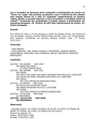 20
que o Conselho de Sentença teria rechaçado a participação do corréu em
“racha” ou “pega” não procede, porquanto o que o Tribunal do Júri afastou
com relação àquele foi o dolo ao responder negativamente ao quesito:
“Assim agindo, o acusado assumiu o risco de produzir o resultado morte na
vítima?”, concluindo por prejudicado o quesito alusivo à participação em
manobras perigosas. 23. Parecer do MPF pelo indeferimento da ordem. 24.
Ordem denegada.
Decisão
Por maioria de votos, a Turma denegou a ordem de habeas corpus, nos termos do
voto do Relator, vencido o Senhor Ministro Marco Aurélio. Falou o Dr. Herval Bazílio,
pelo Paciente. Presidência da Senhora Ministra Cármen Lúcia. 1ª Turma,
18.10.2011.
Indexação
- VIDE EMENTA.
- VOTO VENCIDO, MIN. MARCO AURÉLIO: CONCESSÃO, HABEAS CORPUS,
INEXISTÊNCIA, PREVISÃO, DOLO EVENTUAL, RACHA, CÓDIGO DE TRÂNSITO
BRASILEIRO.
Legislação
LEG-FED DEL-002848 ANO-1940
ART-00018 INC-00001
CP-1940 CÓDIGO PENAL
LEG-FED DEL-003689 ANO-1941
ART-00408
ART-00413 PAR-00001 INC-00001 REDAÇÃO DADA PELA LEI-11689/2008
ART-00478 INC-00001 REDAÇÃO DADA PELA LEI-11689/2008
ART-00563
CPP-1941 CÓDIGO DE PROCESSO PENAL
LEG-FED LEI-009503 ANO-1997
ART-00121 ART-00129 ART-00302
INC-00005 REVOGADO PELA LEI 11705/2008
ART-00308
CTB-1997 CÓDIGO DE TRÂNSITO BRASILEIRO
LEG-FED LEI-011689 ANO-2008
LEI ORDINÁRIA
LEG-FED LEI-011705 ANO-2008
LEI ORDINÁRIA
Observação
- Acórdãos citados: HC 71800, HC 86414, HC 91159, HC 94274, HC 96820, RE
99590, HC 107801, RE 122011, AI 458072 ED, RE 521813.
Número de páginas: 53.
Análise: 05/01/2012, MMR.
Revisão: 17/01/2012, KBP.
 