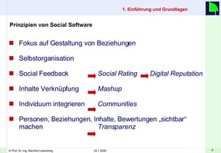 1. Einführung und Grundlagen Prinzipien von Social Software  Fokus auf Gestaltung von Beziehungen Selbstorganisation Social Feedback    Social Rating   Digital Reputation Inhalte Verknüpfung    Mashup Individuum integrieren    Communities Personen, Beziehungen, Inhalte, Bewertungen „sichtbar“ machen    Transparenz 