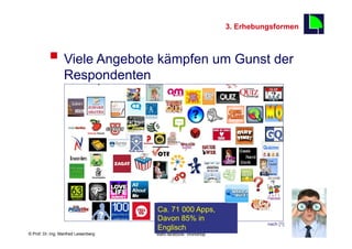 3. Erhebungsformen
                                                                                          13

          §  Viele Angebote kämpfen um Gunst der
                  Respondenten




                                           Ca. 71 000 Apps,
                                           Davon 85% in
                                                                               nach [1]
    Fachhochschule des Mittelstands(FHM)
                                           Englisch
© Prof. Dr.-Ing. Manfred Leisenberg        Mafo-facebook- Workshop                             13
 