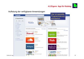4.2.Eigene App für Katalog
                                                                                            37
   Auflistung der verfügbaren Anwendungen
                                                                     Hier ist spezielle
                                                                     Programmierung
                                                                     erforderlich




    Fachhochschule des Mittelstands(FHM)
© Prof. Dr.-Ing. Manfred Leisenberg        Mafo-facebook- Workshop                               37
 