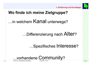 1919© Prof. Dr.-Ing. Manfred Leisenberg Forum26, 11.2.15
1. Einführung und Grundlagen
Wo finde ich meine Zielgruppe?
…in welchem Kanal unterwegs?
…Differenzierung nach Alter?
…Spezifisches Interesse?
…vorhandene Community?
 