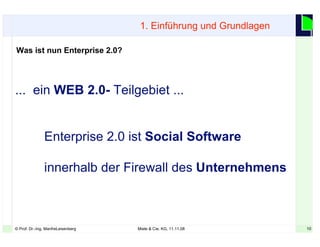 10© Prof. Dr.-Ing. ManfreLeisenberg Miele & Cie. KG, 11.11.08 10
Was ist nun Enterprise 2.0?
... ein WEB 2.0- Teilgebiet ...
Enterprise 2.0 ist Social Software
innerhalb der Firewall des Unternehmens
1. Einführung und Grundlagen
 