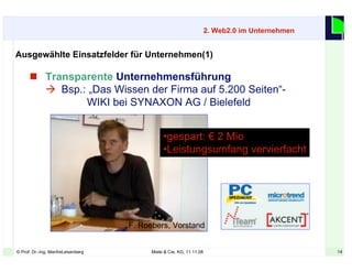 14© Prof. Dr.-Ing. ManfreLeisenberg Miele & Cie. KG, 11.11.08 14
 Transparente Unternehmensführung
 Bsp.: „Das Wissen der Firma auf 5.200 Seiten“-
WIKI bei SYNAXON AG / Bielefeld
Ausgewählte Einsatzfelder für Unternehmen(1)
2. Web2.0 im Unternehmen
F. Roebers, Vorstand
•gespart: € 2 Mio
•Leistungsumfang vervierfacht
 
