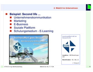 19© Prof. Dr.-Ing. ManfreLeisenberg Miele & Cie. KG, 11.11.08 19
 Beispiel: Second life ...
 Unternehmenskommunikation
 Marketing
 E-Business
 Soziale Plattform
 Schulungsmedium - E-Learning
2. Web2.0 im Unternehmen
 