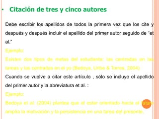 • Citación de tres y cinco autores
Debe escribir los apellidos de todos la primera vez que los cite y
después y después incluir el apellido del primer autor seguido de “et
al.”
Ejemplo:
Existen dos tipos de metas del estudiante: las centradas en las
tareas y las centradas en el yo (Bedoya, Uribe & Torres, 2004)
Cuando se vuelve a citar este artículo , sólo se incluye el apellido
del primer autor y la abreviatura et al. :
Ejemplo:
Bedoya et al. (2004) plantea que el estar orientado hacia el futuro
amplía la motivación y la persistencia en una tarea del presente.
 