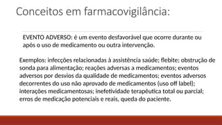 Conceitos em farmacovigilância:
EVENTO ADVERSO: é um evento desfavorável que ocorre durante ou
após o uso de medicamento ou outra intervenção.
Exemplos: infecções relacionadas à assistência saúde; flebite; obstrução de
sonda para alimentação; reações adversas a medicamentos; eventos
adversos por desvios da qualidade de medicamentos; eventos adversos
decorrentes do uso não aprovado de medicamentos (uso off label);
interações medicamentosas; inefetividade terapêutica total ou parcial;
erros de medicação potenciais e reais, queda do paciente.
 