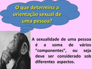 A sexualidade de uma pessoa é a soma de vários “componentes”, ou seja deve ser considerado sob diferentes  aspectos. O que determina a orientação sexual de uma pessoa? 
