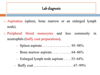 Lab diagnosis
 Aspiration (spleen, bone marrow or an enlarged lymph
node).
 Peripheral blood monocytes and less commonly in
neutrophils (buffy coat preparations).
 Spleen aspirate . . . . .. . . . . . . . . .. . 95–98%
 Bone marrow aspirate . . . . . . . . . . 64–86%
 Enlarged lymph node aspirate . . . . 55–64%
 Buffy coat ……….. . . . . . . . . . . . . . . 67–99%
 