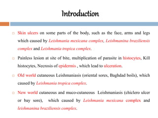 Introduction
 Skin ulcers on some parts of the body, such as the face, arms and legs
which caused by Leishmania mexicana complex, Leishmanina braziliensis
complex and Leishmania tropica complex.
 Painless lesion at site of bite, multiplication of parasite in histocytes, Kill
histocytes, Necrosis of epidermis , which lead to ulceration.
 Old world cutaneous Leishmaniasis (oriental sores, Baghdad boils), which
caused by Leishmania tropica complex.
 New world cutaneous and muco-cutaneous Leishmaniasis (chiclero ulcer
or bay sore), which caused by Leishmania mexicana complex and
leishmanina braziliensis complex.
 
