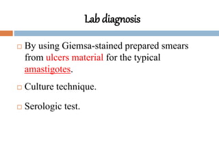 Lab diagnosis
 By using Giemsa-stained prepared smears
from ulcers material for the typical
amastigotes.
 Culture technique.
 Serologic test.
 