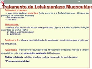 Tratamento da Leishmaníase Mucocutânea Antimoniais trivalentes: –  mais recomendado:   glucantime  (inibe enzimas e a fosfofrutoquinase - bloqueio da produção de adenosina trifosfato); –  via intramuscular; –  70% cura. Pentamidinas: –  menos eficazes e mais tóxicas que glucantime ( liga-se a ácidos nucléicos -inibição da síntese de DNA e RNA); –  2 a  opção, via intramuscular;  –  L. guianensis.   Anfotericina B   – altera a permeabilidade de membrana - administrada gota a gota, por via intravenosa. Azitromicina   –  bloqueio da subunidade 50S ribossomal da bactéria: inibição à síntese de proteínas -  via oral,  sem efeitos colaterais . 85% de cura. Efeitos colaterais : cefaléia, artralgia, mialgia, depressão da medula óssea. * Pode ocorrer reicidiva. 