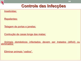 Controle das Infecções Inseticidas; Repelentes; Telagem de portas e janelas; Contrução de casas longe das matas; Animais domésticos infectados devem ser tratados (difícil) ou eliminados; Eliminar animais “vadios”. 
