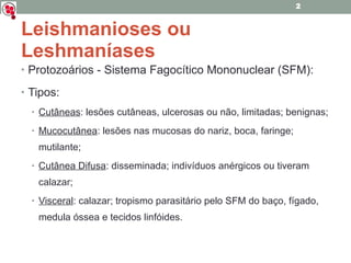 Leishmanioses ou Leshmaníases Protozoários - Sistema Fagocítico Mononuclear (SFM): Tipos: Cutâneas : lesões cutâneas, ulcerosas ou não, limitadas; benignas; Mucocutânea : lesões nas mucosas do nariz, boca, faringe; mutilante; Cutânea Difusa : disseminada; indivíduos anérgicos ou tiveram calazar; Visceral : calazar; tropismo parasitário pelo SFM do baço, fígado, medula óssea e tecidos linfóides. 