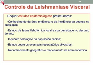 Requer   estudos epidemiológicos   prelimi-nares: Conhecimento da área endêmica e da incidência da doença na população; Estudo da fauna flebotômica local e sua densidade no decurso do ano; Inquérito sorológico na população canina; Estudo sobre os eventuais reservatórios silvestres; Reconhecimento geográfico e mapeamento da área endêmica. Controle da Leishmaníase Visceral 
