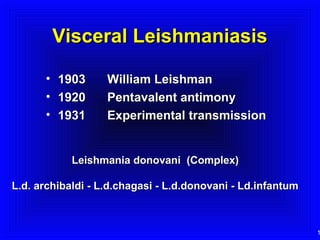 Visceral Leishmaniasis
•
•
•

1903
1920
1931

William Leishman
Pentavalent antimony
Experimental transmission

Leishmania donovani (Complex)
L.d. archibaldi - L.d.chagasi - L.d.donovani - Ld.infantum

1

 