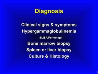 Diagnosis
Clinical signs & symptoms
Hypergammaglobulinemia
ELISA/Formol gel

Bone marrow biopsy
Spleen or liver biopsy
Culture & Histology

2

 