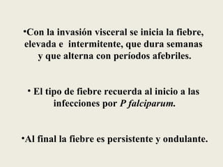 •Con la invasión visceral se inicia la fiebre,
elevada e intermitente, que dura semanas
   y que alterna con períodos afebriles.


 • El tipo de fiebre recuerda al inicio a las
        infecciones por P falciparum.


•Al final la fiebre es persistente y ondulante.
 