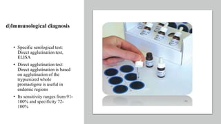 d)Immunological diagnosis
• Specific serological test:
Direct agglutination test,
ELISA
• Direct agglutination test:
Direct agglutination is based
on agglutination of the
trypsenized whole
promastigote is useful in
endemic regions
• Its sensitivity ranges from 91-
100% and specificity 72-
100%
 