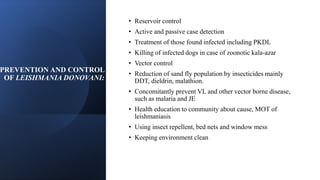 PREVENTION AND CONTROL
OF LEISHMANIA DONOVANI:
• Reservoir control
• Active and passive case detection
• Treatment of those found infected including PKDL
• Killing of infected dogs in case of zoonotic kala-azar
• Vector control
• Reduction of sand fly population by insecticides mainly
DDT, dieldrin, malathion.
• Concomitantly prevent VL and other vector borne disease,
such as malaria and JE
• Health education to community about cause, MOT of
leishmaniasis
• Using insect repellent, bed nets and window mess
• Keeping environment clean
 
