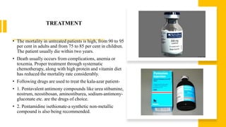 TREATMENT
• The mortality in untreated patients is high, from 90 to 95
per cent in adults and from 75 to 85 per cent in children.
The patient usually die within two years.
• Death usually occurs from complications, anemia or
toxemia. Proper treatment through systematic
chemotherapy, along with high protein and vitamin diet
has reduced the mortality rate considerably.
• Following drugs are used to treat the kala-azar patient-
• 1. Pentavalent antimony compounds like urea stibamine,
nostrum, neostibosan, aminostiburea, sodium-antimony-
gluconate etc. are the drugs of choice.
• 2. Pentamidine isethionate-a synthetic non-metallic
compound is also being recommended.
 