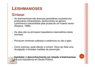 LEISHMANIOSES
Síntese:
As leishmanioses são doenças parasitárias causadas por
protozoários intracelulares, pertencentes ao género
Leishmania e transmitidas pela picada de um insecto vector
(Desjeux, 1996);
Os cães são os principais hospedeiros reservatórios desta
zoonose;
Provocam sintomas cutâneos e sistémicos no cão e gato;
Como zoonose, pode afectar o homem. Deve ser feita uma
divulgação e tomadas medidas de prevenção;
Combater o desconhecimento em relação à leishmaniose
e à sua importância em Saúde Pública.
13
 