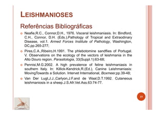 LEISHMANIOSES
Referências Bibliográficas
Neafie,R.C., Connor,D.H., 1976. Visceral leishmaniasis. In: Bindford,
C.H., Connor, D.H. (Eds.),Pathology of Tropical and Extraodinary
Disease, vol.1. Armed Forces Institute of Pathology, Washington,
DC,pp.265-277;
Pires,C.A.,Ribeiro,H.1991. The phlebotomine sandflies of Portugal.
V. Observations on the ecology of the vectors of leishmania in the
Alto Douro region. Parasitologia, 33(Suppl.1):63-68;
Pennisi,M.G.2002. A high prevalence of feline leishmaniasis in
southern Italy. In: Killick-Kendrick,R.(Ed.), Canine Leishmaniasis:
MovingTowards a Solution. Intervet International, Boxmeer,pp.39-48;
Van Der Lugt,J.J.,Carlyon,J.F.and de Waal,D.T.1992. Cutaneous
leishmaniosis in a sheep.J.S.Afr.Vet.Ass.63:74-77.
15
 