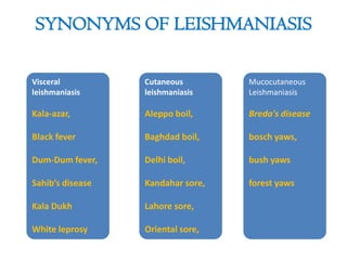 SYNONYMS OF LEISHMANIASIS
Visceral
leishmaniasis

Cutaneous
leishmaniasis

Mucocutaneous
Leishmaniasis

Kala-azar,

Aleppo boil,

Breda's disease

Black fever

Baghdad boil,

bosch yaws,

Dum-Dum fever,

Delhi boil,

bush yaws

Sahib’s disease

Kandahar sore,

forest yaws

Kala Dukh

Lahore sore,

White leprosy

Oriental sore,

 