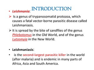 INTRODUCTION
Leishmania:

•
 Is a genus of trypanosomatid protozoa, which
causes a fatal vector-borne parasitic disease called
Leishmaniasis.
 It is spread by the bite of sandflies of the genus
Phlebotomus in the Old World, and of the genus
Lutzomyia in the New World.
• Leishmaniasis:
• is the second-largest parasitic killer in the world
(after malaria) and is endemic in many parts of
Africa, Asia and South America.

 