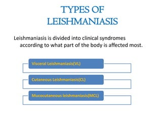 TYPES OF
LEISHMANIASIS
Leishmaniasis is divided into clinical syndromes
according to what part of the body is affected most.
Visceral Leishmaniasis(VL)
Cutaneous Leishmaniasis(CL)
Mucocutaneous leishmaniasis(MCL)
 