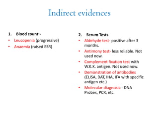 Indirect evidences
1. Blood count:-
• Leucopenia (progressive)
• Anaemia (raised ESR)
2. Serum Tests
• Aldehyde test- positive after 3
months.
• Antimony test- less reliable. Not
used now.
• Complement fixation test with
W.K.K. antigen. Not used now.
• Demonstration of antibodies
(ELISA, DAT, IHA, IFA with specific
antigen etc.)
• Molecular diagnosis:- DNA
Probes, PCR, etc.
 