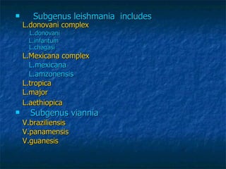 <ul><li>Subgenus leishmania  includes   </li></ul><ul><li>L.donovani complex   </li></ul><ul><li>L.donovani </li></ul><ul>...