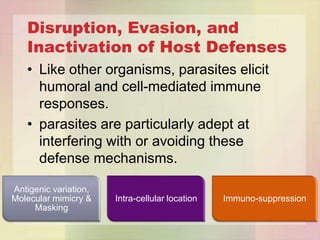 Disruption, Evasion, and
   Inactivation of Host Defenses
   • Like other organisms, parasites elicit
     humoral and cell-mediated immune
     responses.
   • parasites are particularly adept at
     interfering with or avoiding these
     defense mechanisms.

Antigenic variation,
Molecular mimicry &    Intra-cellular location   Immuno-suppression
     Masking
 