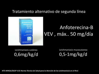 Anfoterecina-B
VEV , máx.. 50 mg/día
Tratamiento alternativo de segunda línea
Leishmaniasis cutánea
0,6mg/kg/d
Leishmaniasis mucocutanea
0,5-1mg/kg/d
NTS-MINSA/DGSP-V.01 Norma Técnica de Salud para la Atención de las Leishmaniosis en el Perú
 