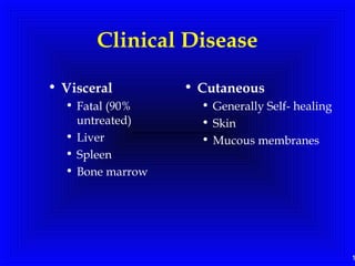 1
Clinical Disease
• Visceral
• Fatal (90%
untreated)
• Liver
• Spleen
• Bone marrow
• Cutaneous
• Generally Self- healing
• Skin
• Mucous membranes
 
