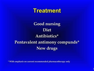 3
TreatmentTreatment
Good nursingGood nursing
DietDiet
Antibiotics*Antibiotics*
Pentavalent antimony compunds*Pentavalent antimony compunds*
New drugsNew drugs
* With emphasis on current recommended pharmacotherapy only* With emphasis on current recommended pharmacotherapy only
 