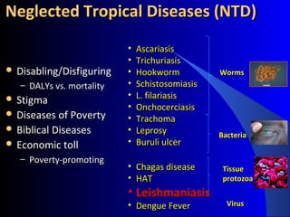Neglected Tropical Diseases (NTD)Neglected Tropical Diseases (NTD)
 Disabling/DisfiguringDisabling/Disfiguring
– DALYs vs. mortalityDALYs vs. mortality
 StigmaStigma
 Diseases of PovertyDiseases of Poverty
 Biblical DiseasesBiblical Diseases
 Economic tollEconomic toll
– Poverty-promotingPoverty-promoting
• AscariasisAscariasis
• TrichuriasisTrichuriasis
• HookwormHookworm
• SchistosomiasisSchistosomiasis
• L. filariasisL. filariasis
• OnchocerciasisOnchocerciasis
• TrachomaTrachoma
• LeprosyLeprosy
• Buruli ulcerBuruli ulcer
• Chagas diseaseChagas disease
• HATHAT
• LeishmaniasisLeishmaniasis
• Dengue FeverDengue Fever
WormsWorms
BacteriaBacteria
TissueTissue
protozoaprotozoa
VirusVirus
 